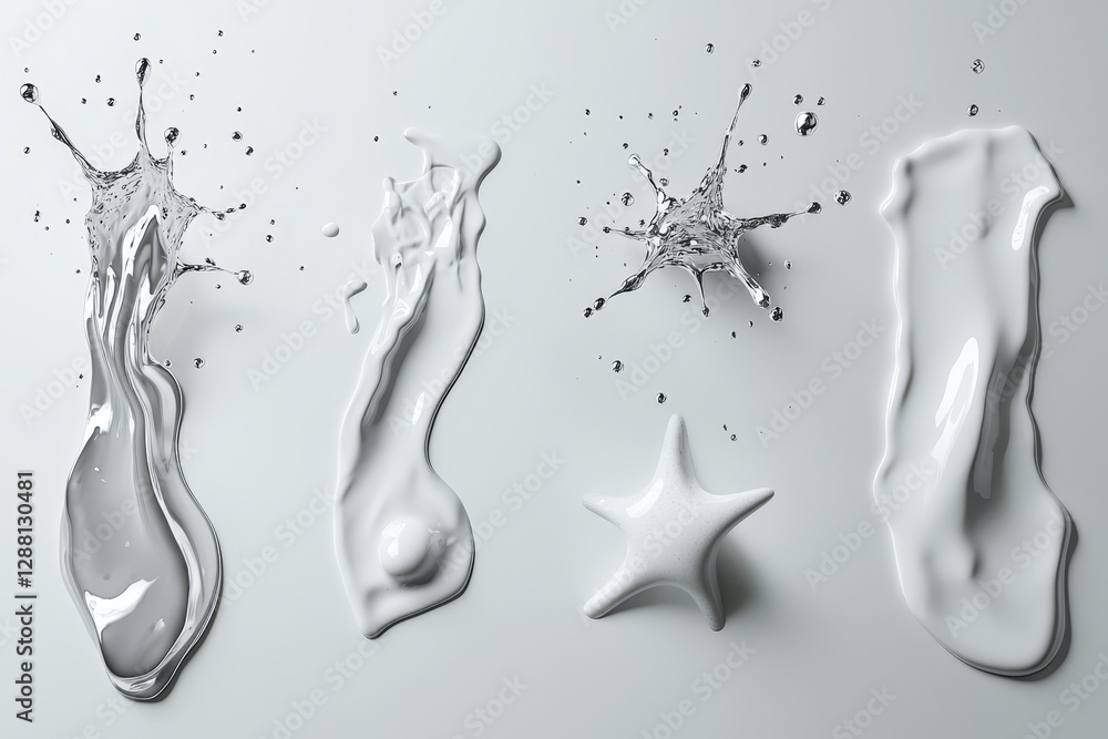Poster abstract liquid mercury metallic icon featuring 3d chrome metal organic fluid shapes and stars in a 