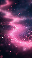 A mesmerizing ethereal display of luminous pink and white nebulous clouds speckled with radiant stars evokes the beauty of outer space.