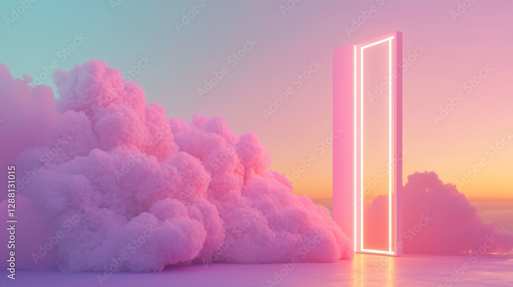 Poster an abstract pastel background filled with a 3d render of colorful clouds and vertical neon lines mak