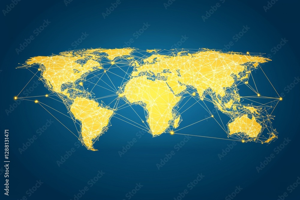 Poster the concept of global business is represented through a world map with interconnected points and lin