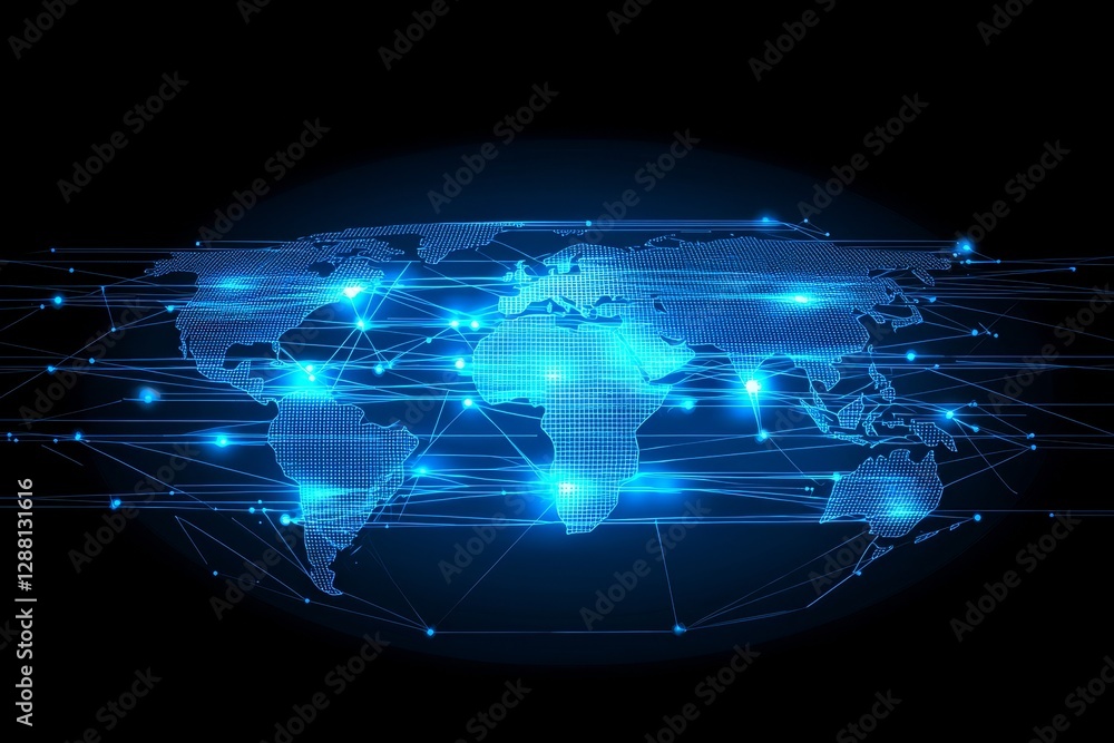 Poster the world map is used to illustrate a global business concept, with interconnected points and lines 
