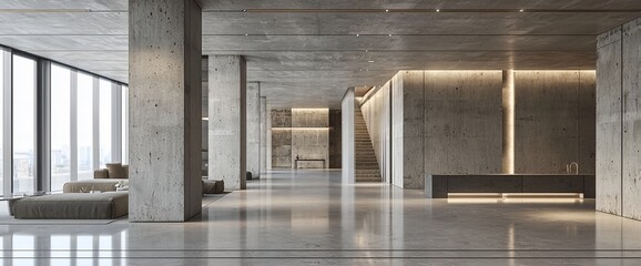 Modern concrete lobby, city view, minimalist seating