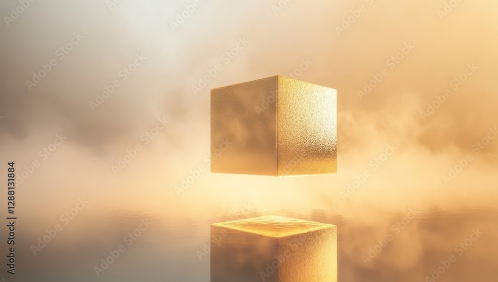 Aufkleber soft diffused lighting highlights a floating golden cube above mist.