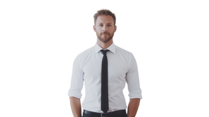 Professional man dressed in formal attire poses confidently against a white background