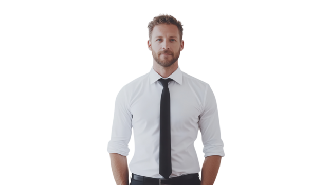 Professional man dressed in formal attire poses confidently against a white background