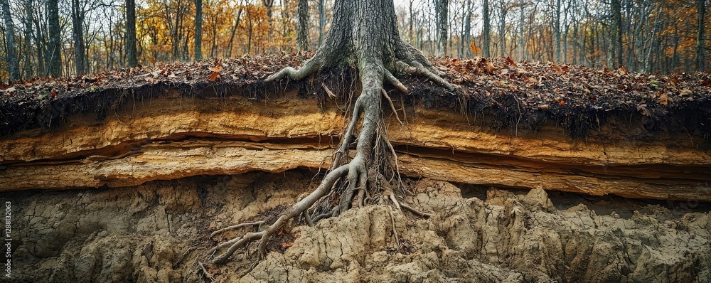 Poster weathering process concept. exposed tree roots reveal the intricate connection between earth and nat