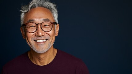 Obraz premium The image features an older Asian man smiling at the camera.