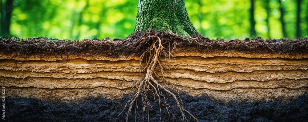 Poster weathering process concept. detailed view of tree roots and soil layers in a lush green forest setti