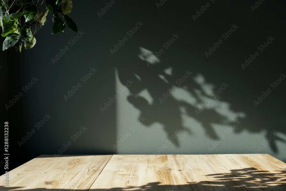 Poster a khaki green texture wall serves as the background for an empty table, accompanied by leaves' shado