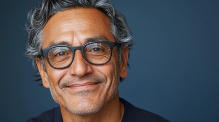 Obraz premium This image features a middle-aged man wearing glasses and a mustache. He has short gray hair and is smiling slightly at the camera.