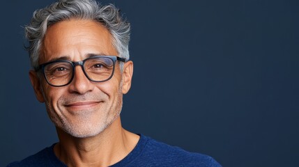 Fototapeta premium The image features a smiling man wearing glasses and a blue sweater, with gray hair, standing against a dark background.