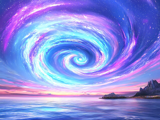 Celestial aurora vortex. mesmerizing pastel celestial vortex swirls in sky over tranquil sea