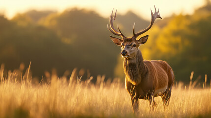 Naklejka premium Majestic deer standing in golden grasslands at sunset nature scene