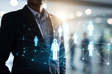 A business professional stands amidst digital connections representing networking and collaboration in modern work.