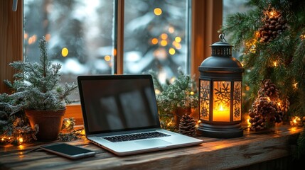 Cozy winter laptop work by window