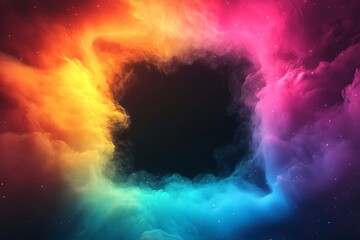 Fototapeta premium Glowing neon starlight and particles arranged in a square shape create an abstract scene, symbolizing a concept of fantastic sparkle dust with a hole frame set amidst the nebula space, all made