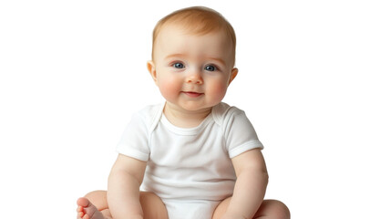 Smiling baby with light hair seated on a white background during a bright indoor setting