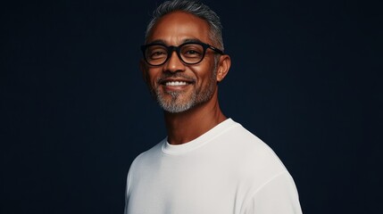 Obraz premium Man with grey beard wearing glasses and a white t-shirt smiling at the camera.