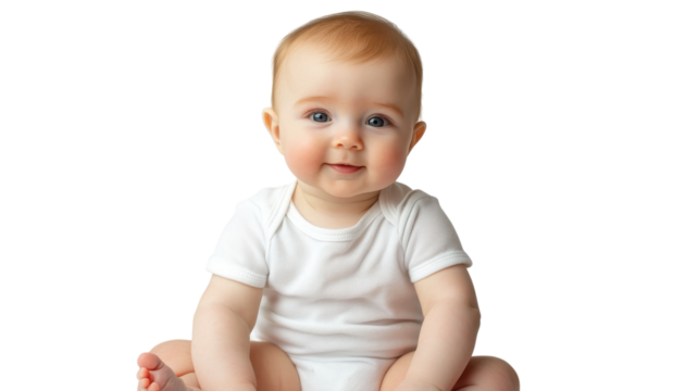 Smiling baby with light hair seated on a white background during a bright indoor setting