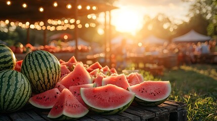 Glowing Outdoor Watermelon Stand at Vibrant Summer Festival