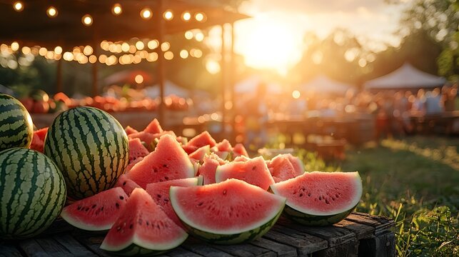 Glowing Outdoor Watermelon Stand at Vibrant Summer Festival