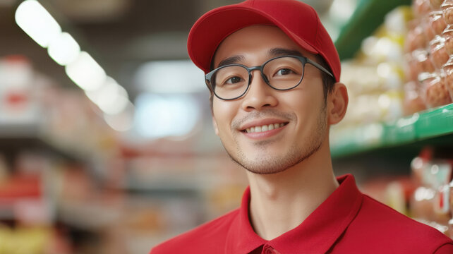 happy supermarket employee organizing shelves, red uniform, supermarket background