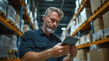 Warehouse worker analyzing data on tablet industrial setting close-up