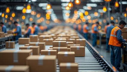 Obraz premium Busy distribution center with employees sorting packages during the day