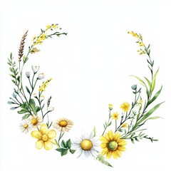A floral wreath is depicted, surrounded by a watercolor field of flowers in a round frame, featuring wildflowers and meadow flowers in a circle border