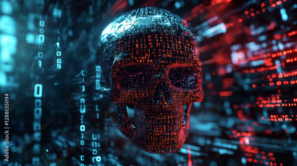 Fototapete Futuristic digital skull with binary code in red and blue hues, cyber security warning. Technology and data breach concept