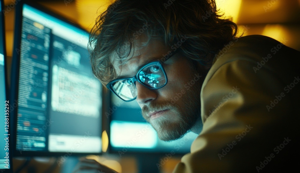 Poster a business man's nighttime data analysis, digital coding, and programming are displayed on a compute