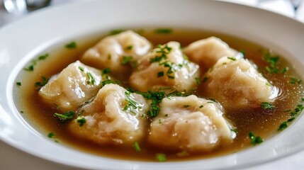 Fototapeta premium Delicious Dumplings in Savory Broth with Fresh Herbs Garnish