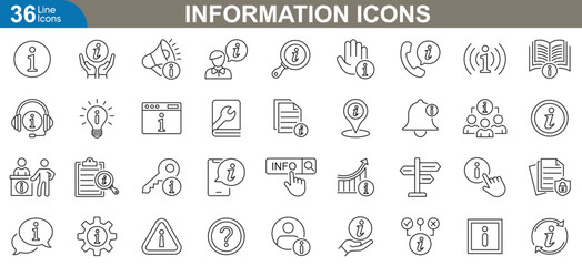 Information icons set. Professional icons for knowledge sharing, user assistance, data accessibility, help, support, documentation, communication, digital guidance and more. Vector illustration