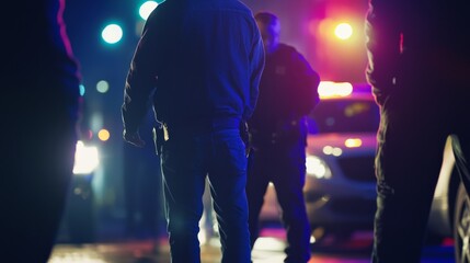 Criminal investigation during a suspect arrest. Featuring officers handcuffing a suspect