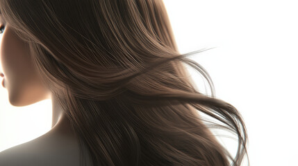 Obraz premium Brunette with long, smooth hair flowing gently in light, showcasing natural beauty and elegance. soft strands create serene and captivating atmosphere