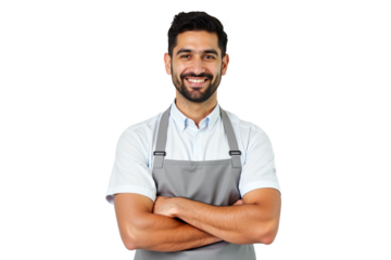 Smiling supermarket worker, friendly young man in apron isolated on transparent background. Ideal for retail, service industry, online ads. Professional, approachable.