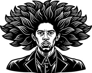 Man with an exaggerated voluminous afro hairstyle, blending artistic surrealism with a bold vintage aesthetic sketch engraving vector