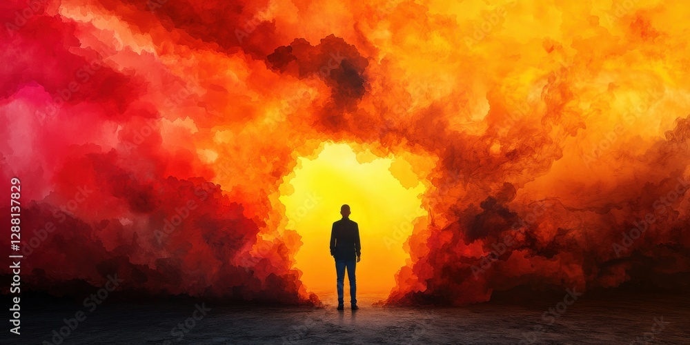 Aufkleber a silhouette stands before a vivid explosion of color, creating a striking contrast against the fier