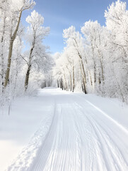 Obraz premium Winter wonderland: A snow-covered path winds through a pristine forest, the trees adorned in a thick layer of frost.