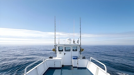 Fototapeta premium White Boat on a Calm Blue Ocean Under a Bright Sunny Sky