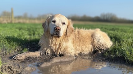 Obraz premium Golden retriever dog lying in the mud, with green grass and clear sky as the background