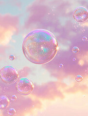 Pastel pink bubbles background of  whimsical and dreamy depiction of floating soap bubbles against a pastel colored sky