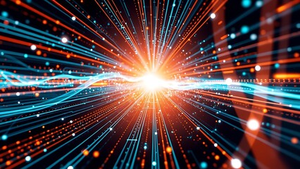 Abstract digital burst of light and particles, symbolizing speed, technology, innovation, futuristic data, energy, and dynamic digital systems.