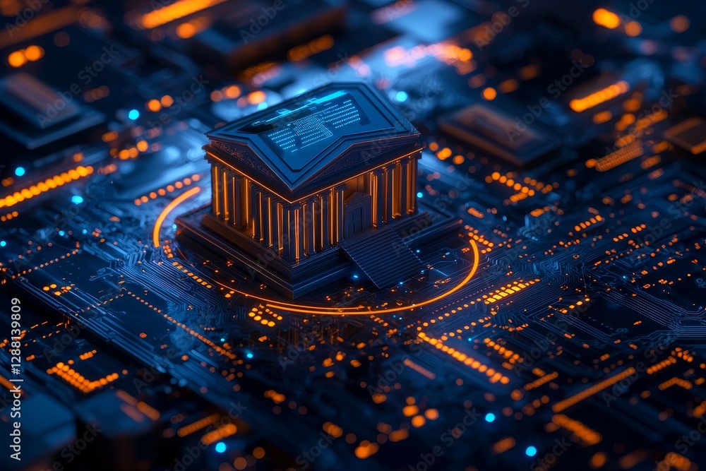 Poster a 3d rendering of a glowing blue digital bank icon placed on a blue background with a mock-up sectio