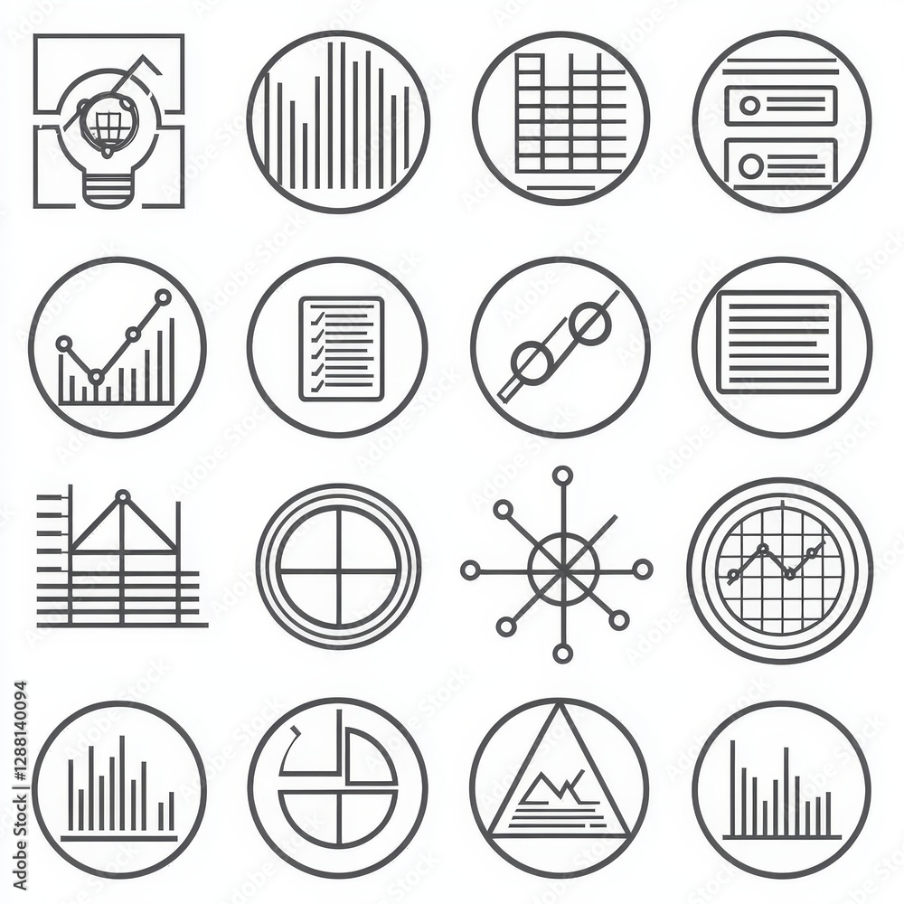 Aufkleber financial analysis is represented by a set of modern line icons, including outline symbols and simpl
