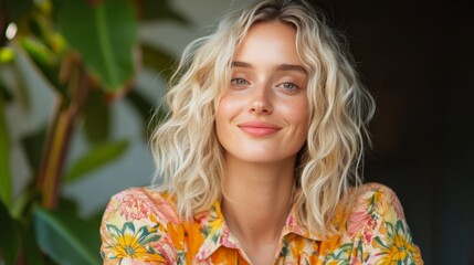 Naklejka premium Woman in floral shirt, blonde hair, standing outdoors.
