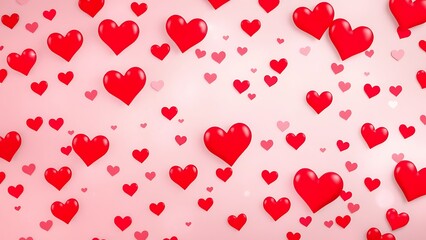 Assorted Glossy Red and Pink Hearts on a Light Pink Background, Perfect for Valentine's Day or Romantic Themed Designs