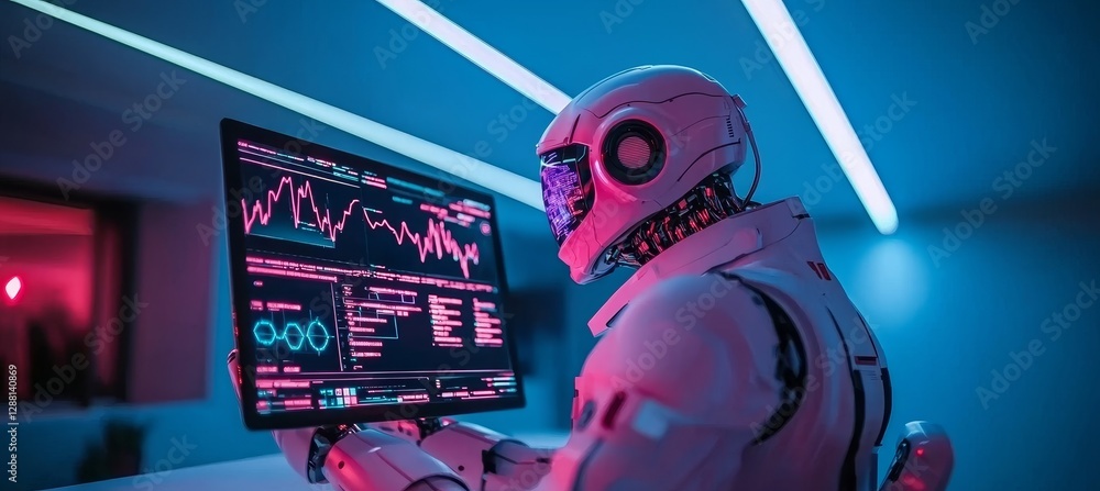 Poster in a cutting-edge factory, a humanoid robot utilizes ai and m2m technology to collaborate with machi