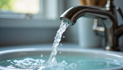 A kitchen faucet running clean water into a sink, illustrating the role of modern infrastructure in delivering safe water for everyday use.