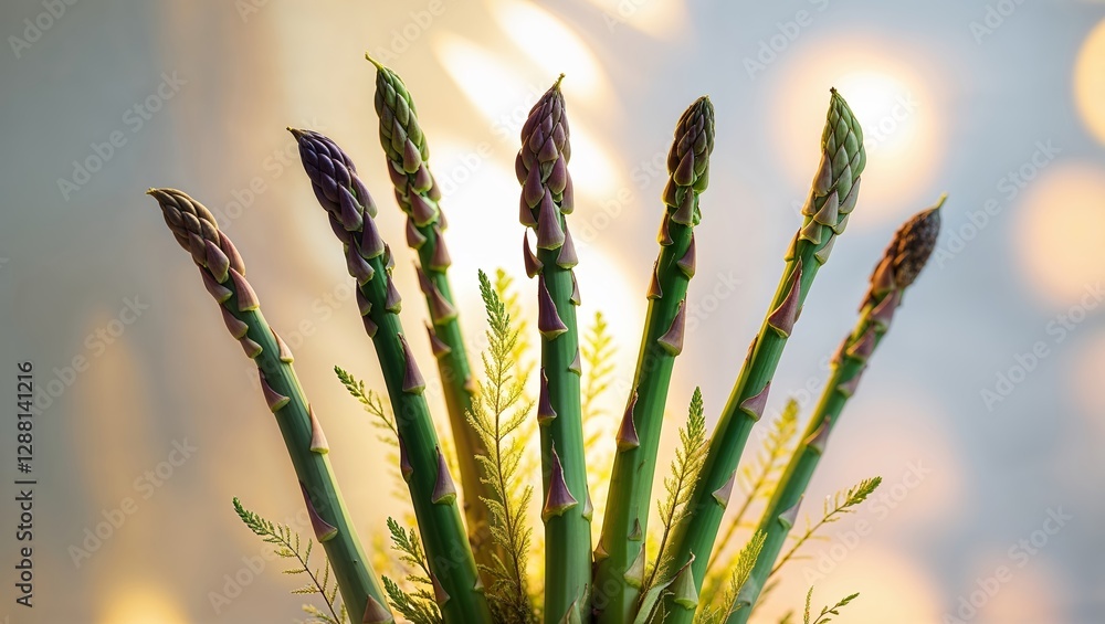 Poster fresh asparagus arranged artistically with greenery in a soft-lit setting for culinary inspiration a